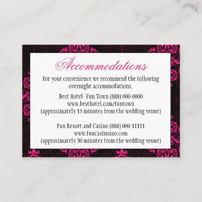 Hot Pink Black Damask Wedding Empfang Cards Begleitkarte (Vorderseite)