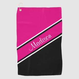 Hot Pink Black Diagonal Strip Skriptname Golfhandtuch