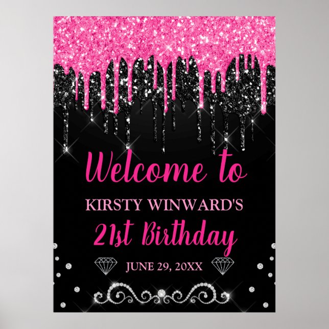 Hot Pink & Black Driving Glitzer Geburtstag Willko Poster (Vorne)