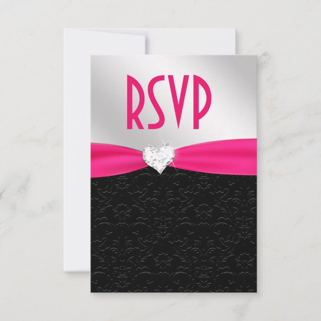 Hot Pink Black Floral Damask Diamond Herz UAWG RSVP Karte (Vorderseite)
