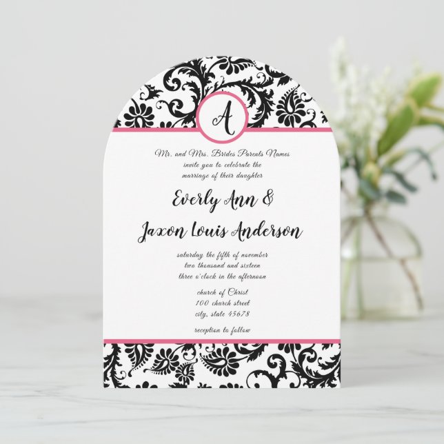 Hot Pink & Black Floral Damask Einladung zur Hochz (Stehend Vorderseite)