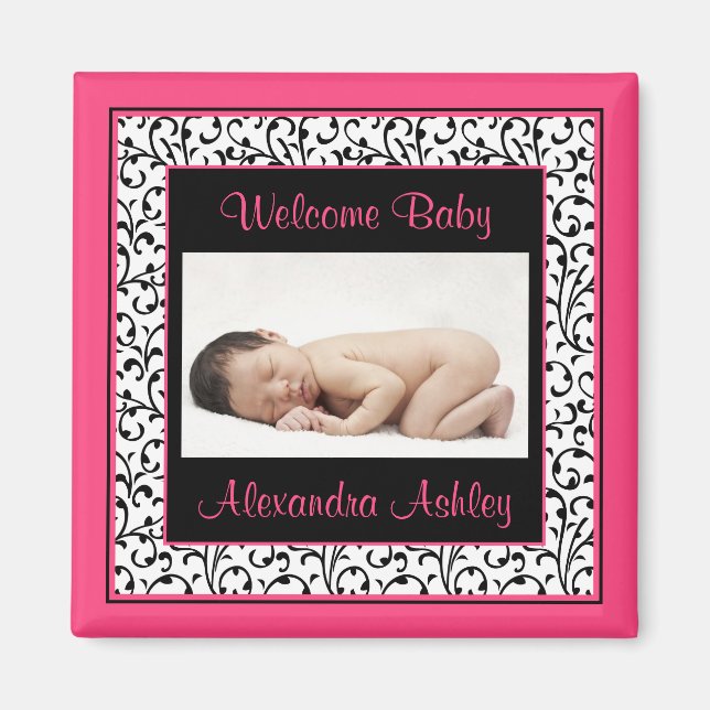 Hot Pink Black Floral Damask Foto Magnet (Vorne)