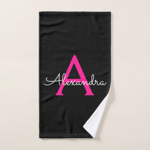 Hot Pink Black Girl Script Monogram Name Handtuch