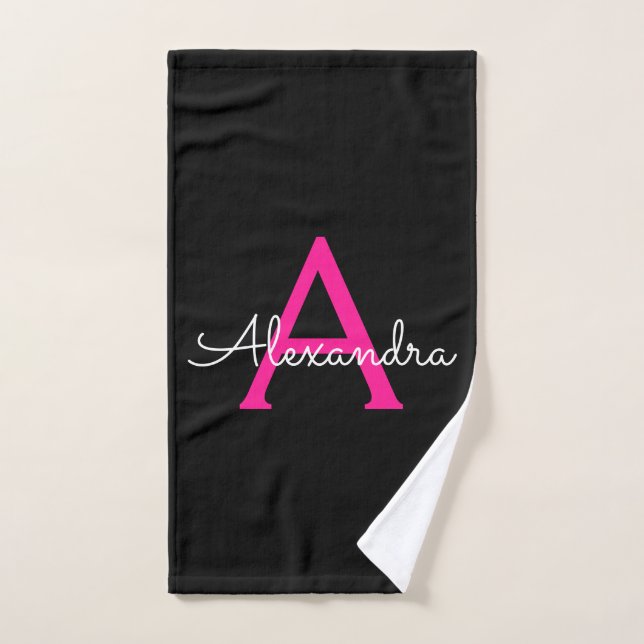 Hot Pink Black Girl Script Monogram Name Handtuch (Handtuch)