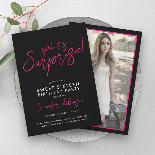 Hot Pink Black Girly Foto Überraschung Sweet 16 Einladung (Hot Pink Black Girly Photo Surprise Sweet 16 Invitation)