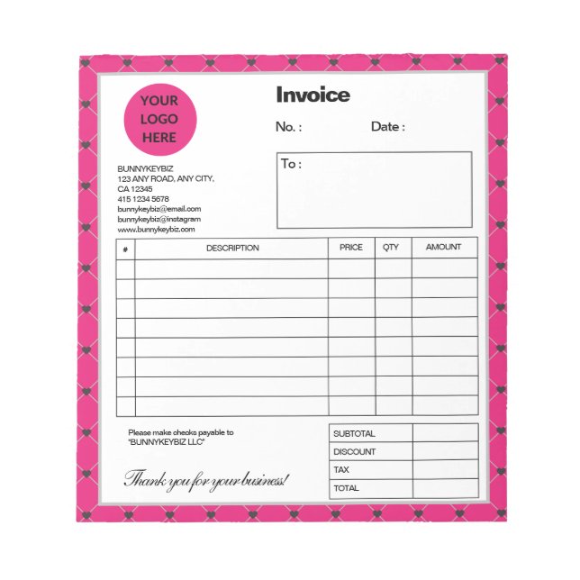 Hot Pink Black Kariert Company Rechnung Notizblock (Vorderseite)