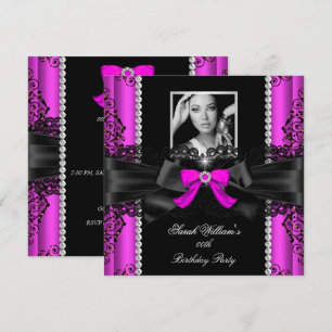 Hot Pink Black Lace Foto Geburtstagsparty Einladung
