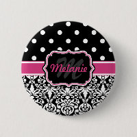 Hot Pink Black Mit Monogramm Damask Polka Dot