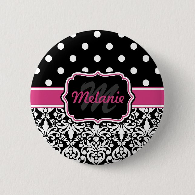 Hot Pink Black Mit Monogramm Damask Polka Dot Button (Vorderseite)