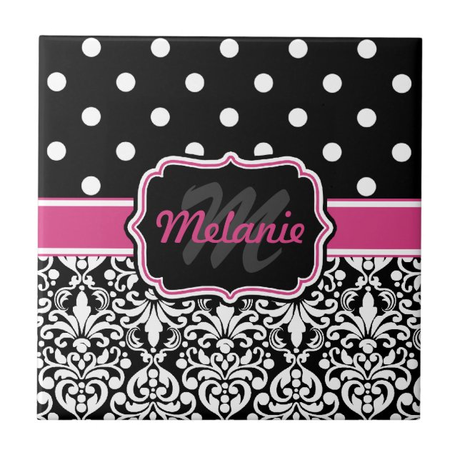 Hot Pink Black Mit Monogramm Damask Polka Dot Fliese (Vorderseite)