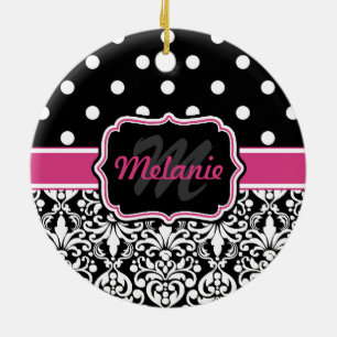 Hot Pink Black Mit Monogramm Damask Polka Dot Keramik Ornament