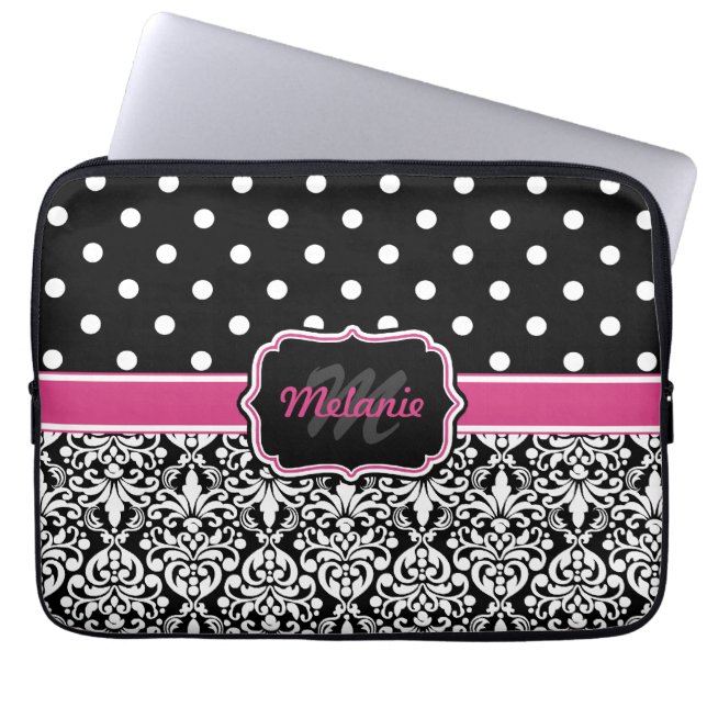 Hot Pink Black Mit Monogramm Damask Polka Dot Laptopschutzhülle (Vorderseite)