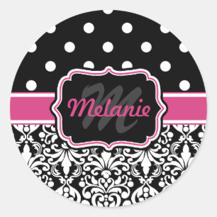 Hot Pink Black Mit Monogramm Damask Polka Dot Runder Aufkleber