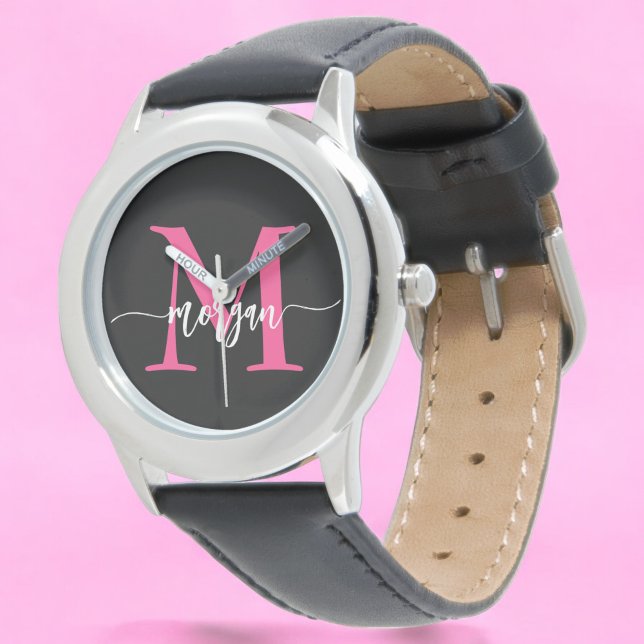 Hot Pink Black Modern Script Girls Monogram Name Armbanduhr (Von Creator hochgeladen)