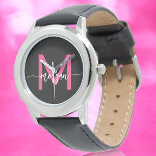 Hot Pink Black Modern Script Girls Monogram Name Armbanduhr