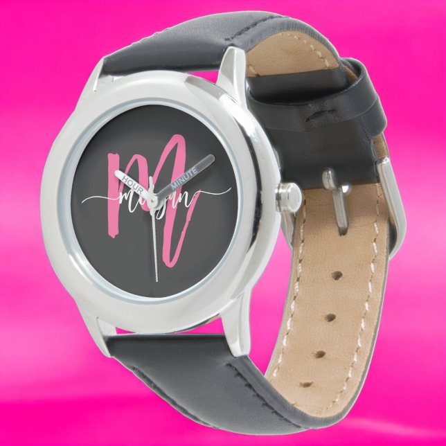 Hot Pink Black Modern Script Girls Monogram Name Armbanduhr (Von Creator hochgeladen)