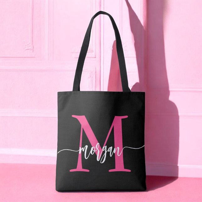 Hot Pink Black Modern Script Name Girl Monogram (Von Creator hochgeladen)