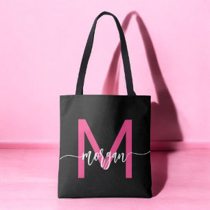 Hot Pink Black Modern Script Name Girl Monogram