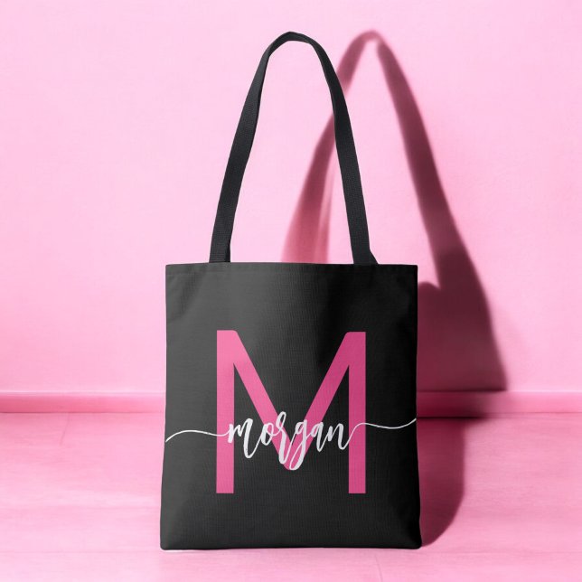 Hot Pink Black Modern Script Name Girl Monogram (Von Creator hochgeladen)