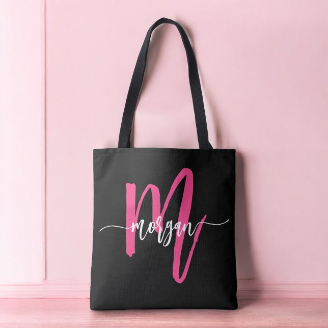 Hot Pink Black Modern Script Name Girl Monogram (Von Creator hochgeladen)