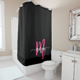 Hot Pink Black Modern Script Name Girl Monogram Duschvorhang