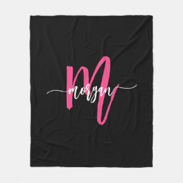 Hot Pink Black Modern Script Name Girl Monogram Fleecedecke