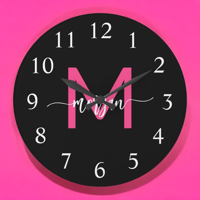 Hot Pink Black Modern Script Name Girl Monogram Große Wanduhr (Von Creator hochgeladen)