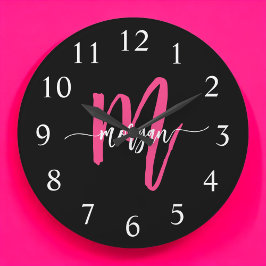 Hot Pink Black Modern Script Name Girl Monogram Große Wanduhr