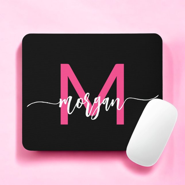 Hot Pink Black Modern Script Name Girl Monogram Mousepad (Von Creator hochgeladen)