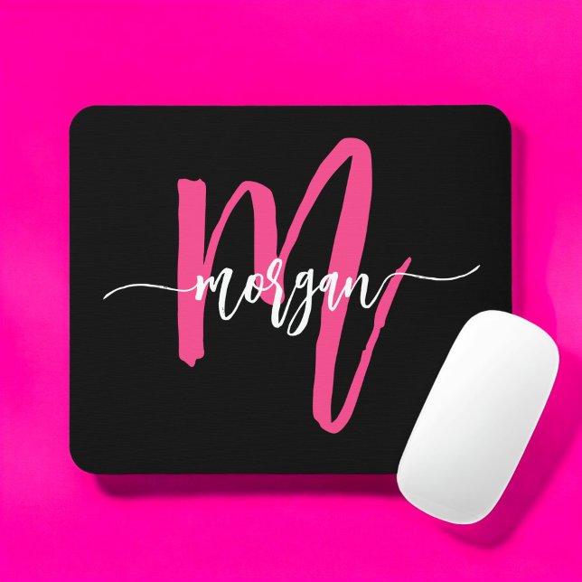 Hot Pink Black Modern Script Name Girl Monogram Mousepad (Von Creator hochgeladen)