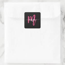 Hot Pink Black Modern Script Name Girl Monogram Quadratischer Aufkleber
