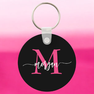 Hot Pink Black Modern Script Name Girl Monogram Schlüsselanhänger