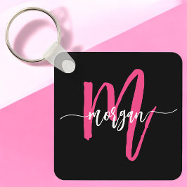 Hot Pink Black Modern Script Name Girl Monogram Schlüsselanhänger
