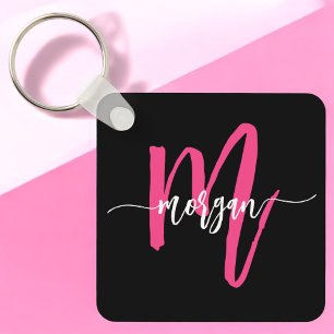 Hot Pink Black Modern Script Name Girl Monogram Schlüsselanhänger