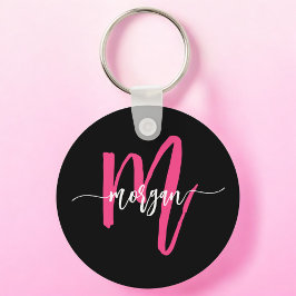 Hot Pink Black Modern Script Name Girl Monogram Schlüsselanhänger