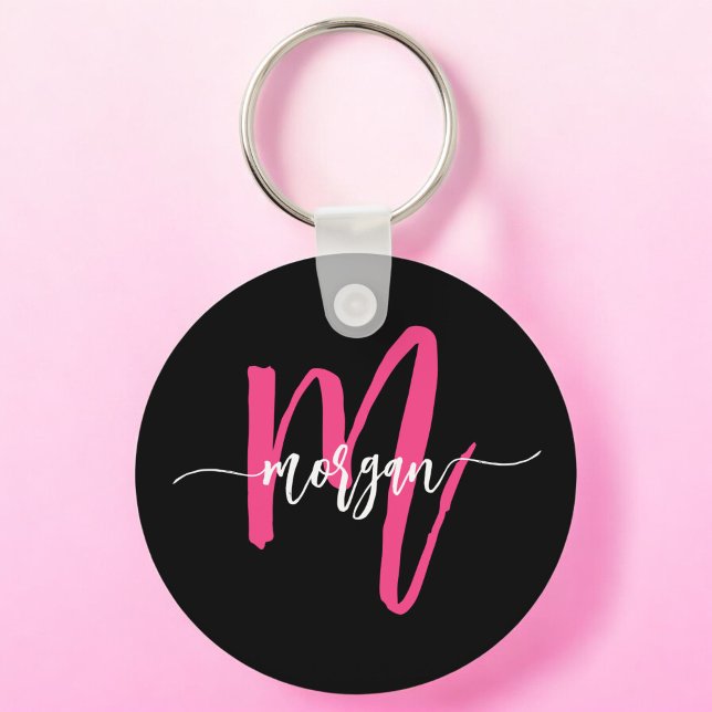 Hot Pink Black Modern Script Name Girl Monogram Schlüsselanhänger (Von Creator hochgeladen)