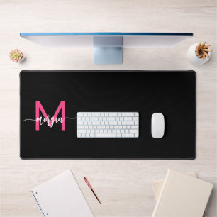 Hot Pink Black Modern Script Name Girl Monogram Schreibtischunterlage