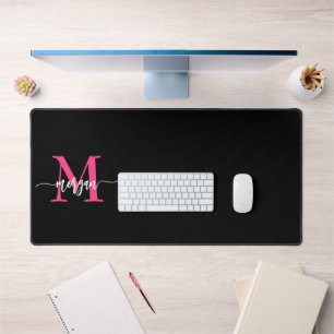 Hot Pink Black Modern Script Name Girl Monogram Schreibtischunterlage