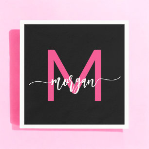 Hot Pink Black Modern Script Name Girl Monogram Serviette