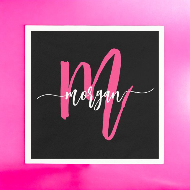 Hot Pink Black Modern Script Name Girl Monogram Serviette (Von Creator hochgeladen)