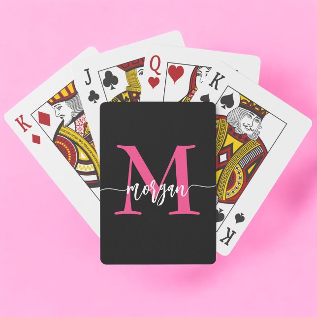 Hot Pink Black Modern Script Name Girl Monogram Spielkarten (Von Creator hochgeladen)