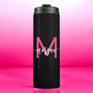 Hot Pink Black Modern Script Name Girl Monogram Thermosbecher