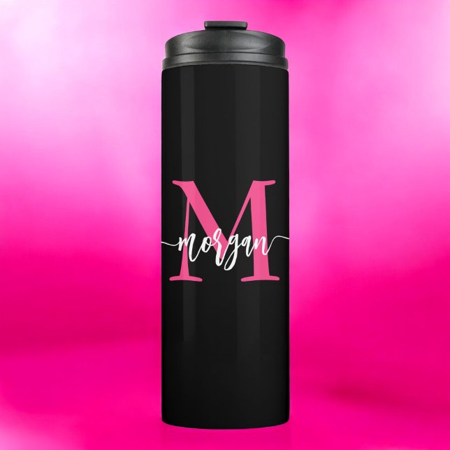Hot Pink Black Modern Script Name Girl Monogram Thermosbecher (Von Creator hochgeladen)