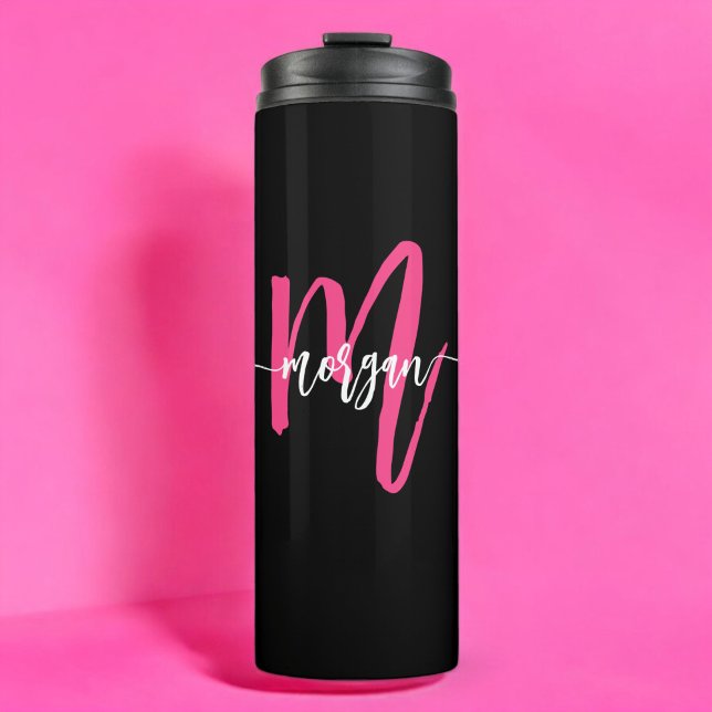 Hot Pink Black Modern Script Name Girl Monogram Thermosbecher (Von Creator hochgeladen)