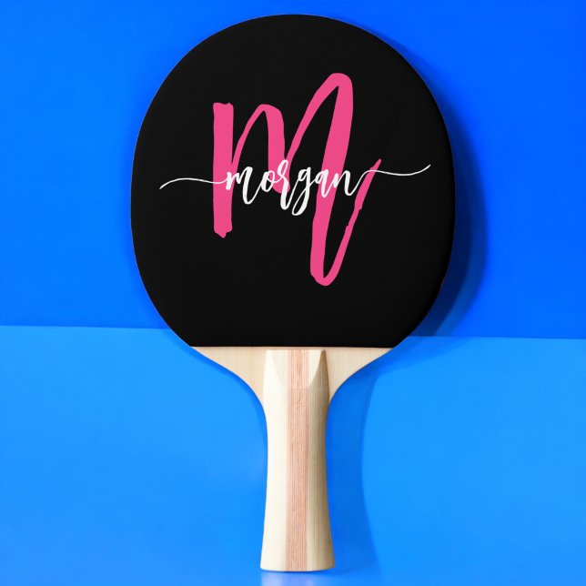 Hot Pink Black Modern Script Name Girl Monogram Tischtennis Schläger (Von Creator hochgeladen)