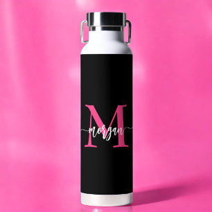 Hot Pink Black Modern Script Name Girl Monogram Trinkflasche