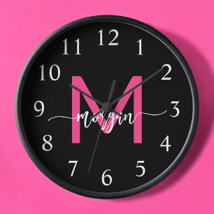 Hot Pink Black Modern Script Name Girl Monogram Uhr