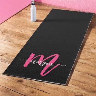 Hot Pink Black Modern Script Name Girl Monogram Yogamatte