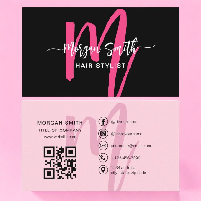 Hot Pink Black Modern Script QR Code Monogram Name Visitenkarte (Von Creator hochgeladen)
