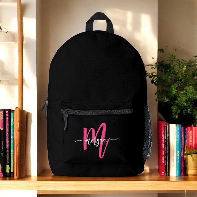 Hot Pink Black Monogram Girl's Back to School Bedruckter Rucksack (Von Creator hochgeladen)